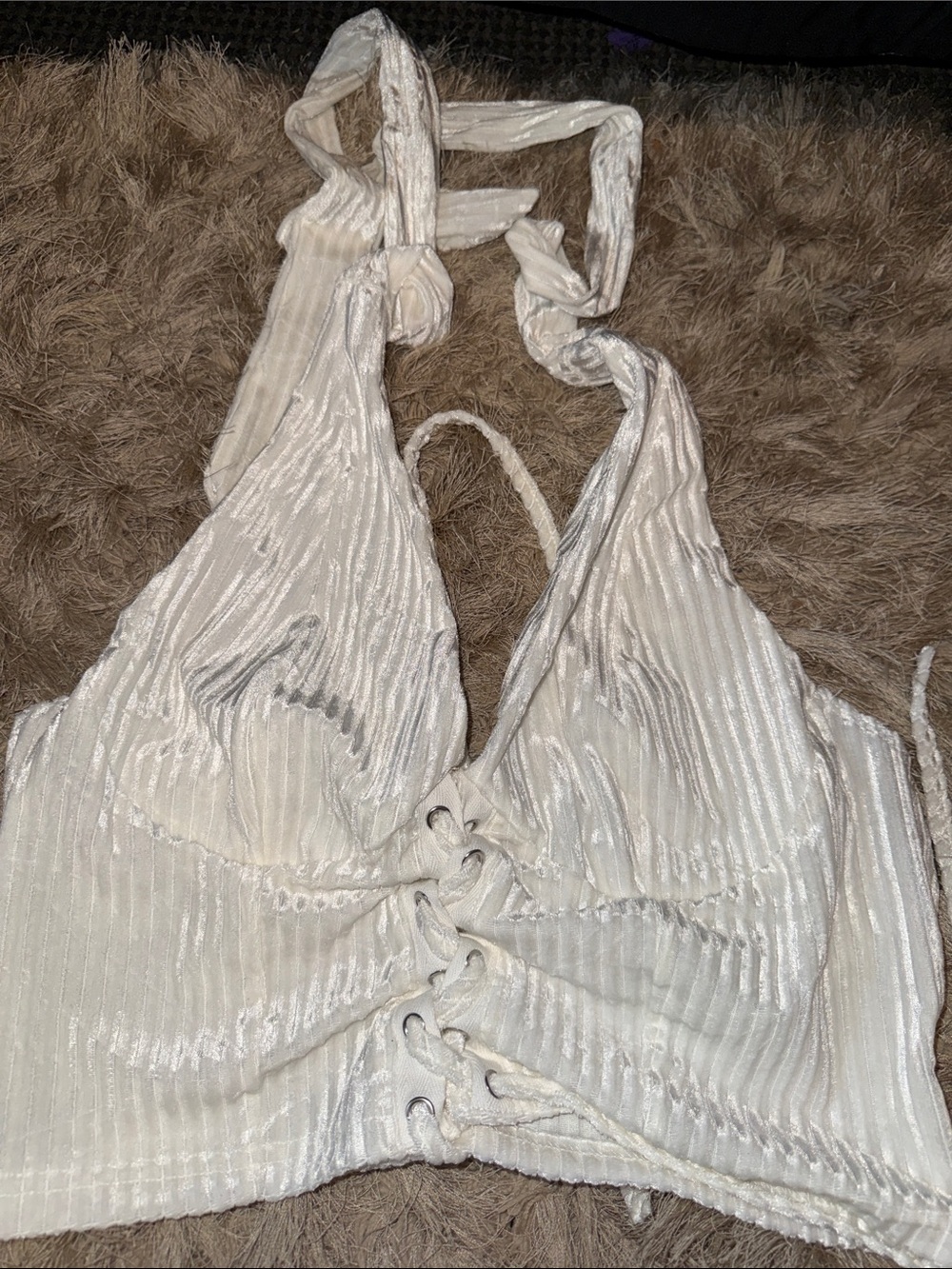 Ivory Satin-Look Lace-Up Halter Crop Top